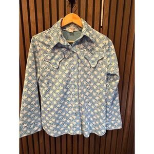 Vintage 70s Polyester Shirt Unisex Blue with White Flower/Plant - Sz. S (?)